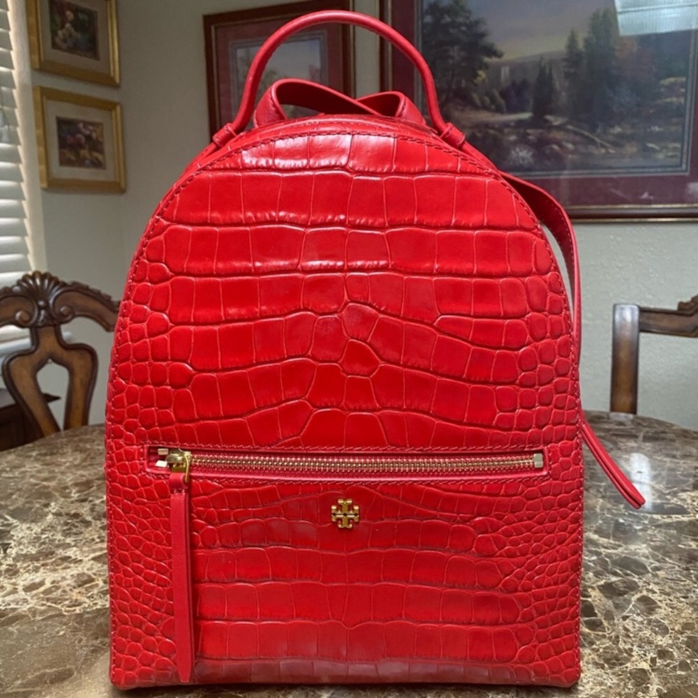 Tory Burch Liberty Red Croc embossed mini backpack - Picture 2 of 11